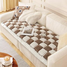 ThinMay Fuzzy Warm Couch Cover Cream-Coloured Large Plaid Square Sofa Cover Anti-Slip Couch Protector for Dogs Cats Pet Hair Resistant Washable Cotton Magic Pet Mat (Plush-Brown-28x59inch)
