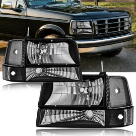 Fullux Headlights fit Ford F150 F250 F350 1992-1996 fit 1992-1996 Ford Bronco Replacements Headlamp Clear Reflector Black Housing