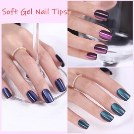 Cat Eye Press on Nails Summer, Jsiallye 300pcs Colored Short Square Press on Nails for Women, Soft Gel Fake Nails, Glossy Glitter Cat Eye Nail Tips Stick On Nails in 15 Sizes