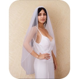 WEZTEZ Bridal Veils Beaded Edge Wedding Veil,1 Tier Pearl Crystal Edge Fingertip Length Short Bride Veil With Metal Comb