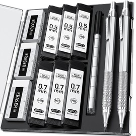 Four Candies 2PCS Metal Mechanical Pencils Set with Case, 0.5mm & 0.7 mm Artist Pencil with 6 Tubes (360PCS) HB Lead Refills, 3 Erasers,9 Eraser Refills For Writing Drafting, Drawing, Silver