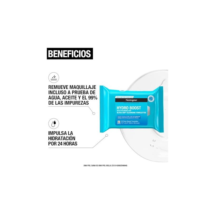 Neutrogena Toallitas limpiadoras Hydro Boost Ácido Hialurónico 25 pzs