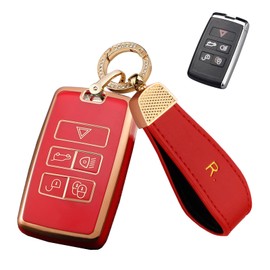 SANRILY Golden-edge TPU Key Fob Cover for Land Range Rover Discovery Rover Sport 2018 2019 and Jaguar XF 2021 Key Accessories Keyless Key Case Shell with Leather Keychain Red, Red