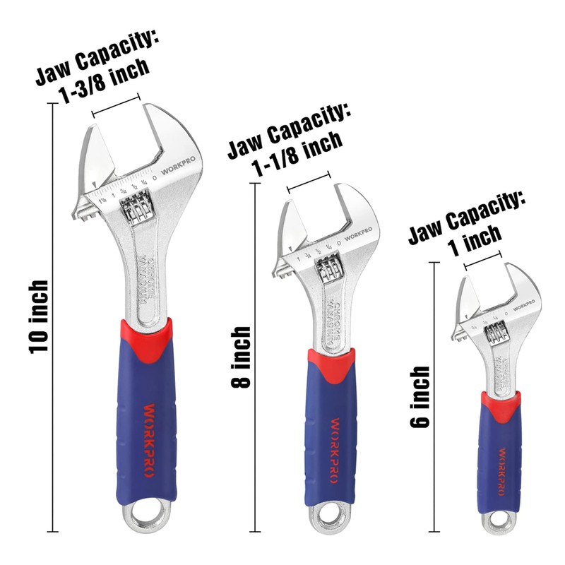 WORKPRO 3-piece Adjustable Wrench Set CR-V with Rubberized Anti-Slip Grips