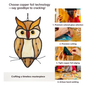 Handmade Stained Glass and Wrought Iron owl suncatcher - Amber and White Handcrafted Window Hanging Decoration with Rustic Charm