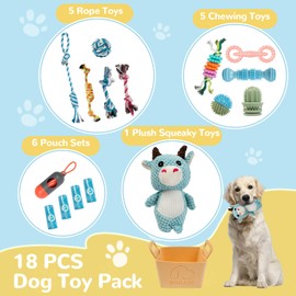 SXKJJC Dog Chew Toys for Teething,Boredom,Toothbrush,18 Pack Puppy Toys with Rope Toys, Balls and Squeaky Toys for Small/Medium Breeds