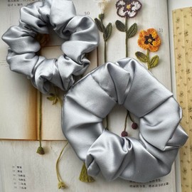 2Pack Silk Scrunchies For Hair 100% Pure Mulberry Silk 30 Momme Scrunchies With Elastic Band Silk Hair Scrunchies Hair Ties For Women Girls Gift (gray)