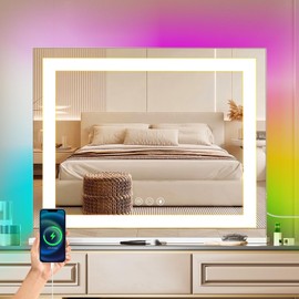 COOLJEEN RGB Vanity Mirror with Lights 23” X 18” Makeup Mirror with Front Light and RGB Backlit Lighted Makeup Mirror with 3 Color Lighting Dimmable Tempered Glass 10x Magnification and Wall-Mounted