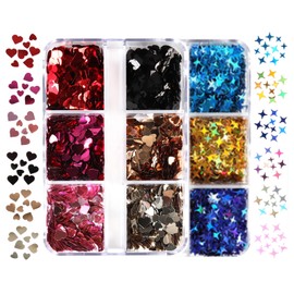 YFFSFDC ネイルアート ホログラム セット ハート&星型 2種類 6色セット キラキラ ラメホログラム ネイルアート 顔飾り ヘア飾り DIY ネイルパーツ 収納ケース付き (ハート&星型)