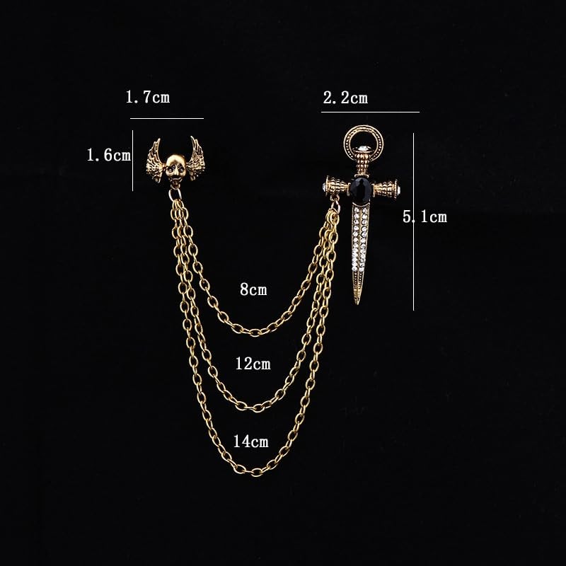 Gothic Skull Head with Sword Brooch Pin Long Chain Tassels