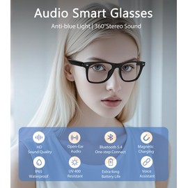 voogil Smart Glasses for Men & Women, Built-in Mic & Speakers Bluetooth Audio Glasses, Blue Light Filter & Polarized UV 400 Protection Lenses Open-ear Bluetooth Glasses for Android iOS, Black