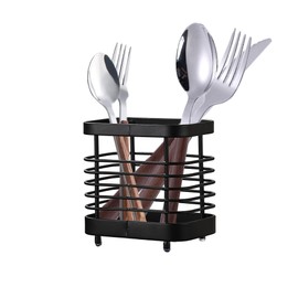 KEINEUX Utensil Holder Kitchen Countertop Organizer, Cutlery Drainer Sink Caddy Storage Drying Rack for Silverware Flatware and Cookware, Stainless Steel, Black-4"