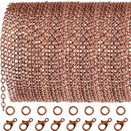 TecUnite 33 Feet Antique Red Copper Chain Link Necklace with 30 Pieces Jump Rings and 20 Pieces Clasps for DIY Jewelry Making (3x4mm)