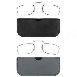 REAVEE 2 Pack Small Armless Reading Glasses for Men Women, Blue Light Blocking Rectangle No Temple Thin Compact Readers with Portable Case, Black and Grey +2.0