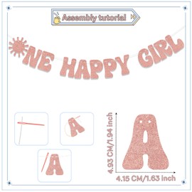KEWUFD One Happy Girl Banner,Sun Theme 1st Birthday Party Decorations Supplies, Sunrise First Birthday Anniversary Party Decorations Supplies for Boys Girls, 1st Birthday Decor Rose Gold Glitter