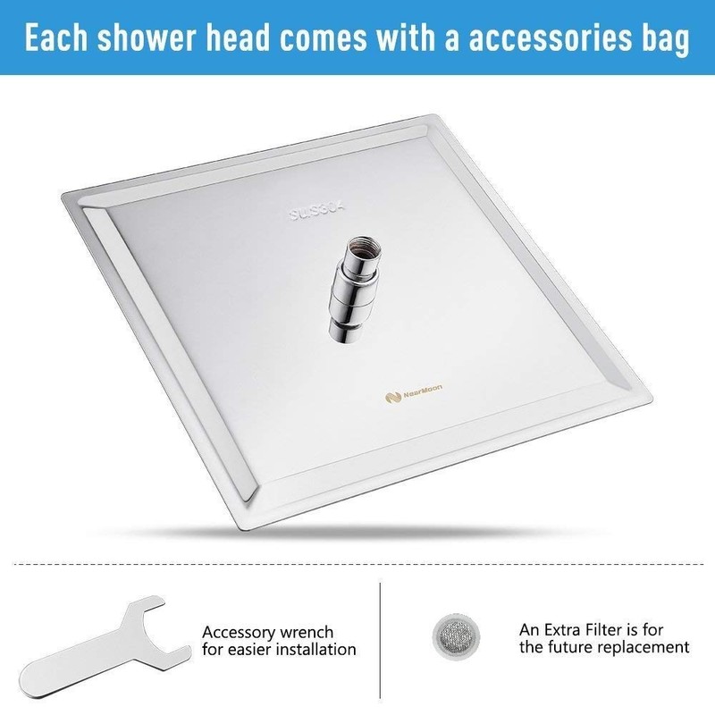 NearMoon Rain Shower Head, High Flow Stainless Steel Square Rainfall