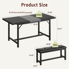 IDEALHOUSE Dining Table Set for 4-6, 63" Extendable Kitchen Table with 2 Upholstered Bench Set for 6, Metal Frame Rectangle Small Kitchen Table Set for 4 for Apartment, Space Save, Retro Black