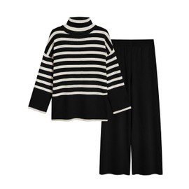 Tanming Women's Sweater Sets Long Sleeve Striped Jumper Tops Casual Knit Wide Leg Pants Sets (Black-L)