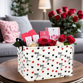BOAMAU Kid Large Valentine's Day Basket Heart Cute Empty Gift Basket for Girlfriend Love Room Decor Storage Basket (Loveyou red and black)