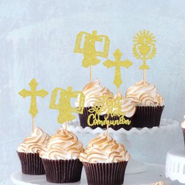 Keaziu 24 Pack First Holy Communion Cupcake Toppers Baptism Cupcake Toppers Cross Cupcake Picks Baby Shower Baptism Party Decorations Supplies Gold 3