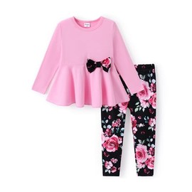PATPAT Girls 2 Piece Outfits Size 4-5, Pink Tunic Tops And Floral Print Leggings Matching Set, Long Sleeve Shirts With Bowknot 4 Year Old Girl Clothes Ropa Para Niña Toddler Clothes