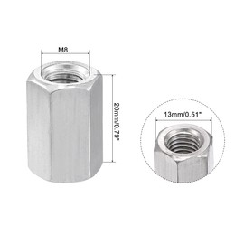 sourcing map M8 x 1.25-Pitch 20mm Length 304 Stainless Steel Metric Hex Coupling Nut, 5-Pack