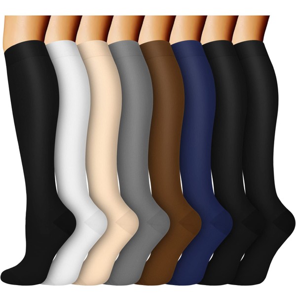 ACTINPUT 8 pares de calcetines de compresión para mujeres y hombres, los mejores calcetines médicos, de enfermería, de viaje y vuelo, para correr y fitness, embarazo, 15-20 mmHg (S/M, surtido 2)