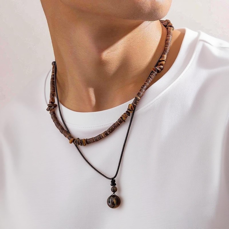 Drosemin Puka Shell Necklace for Men Summer Boho Surfer Brown