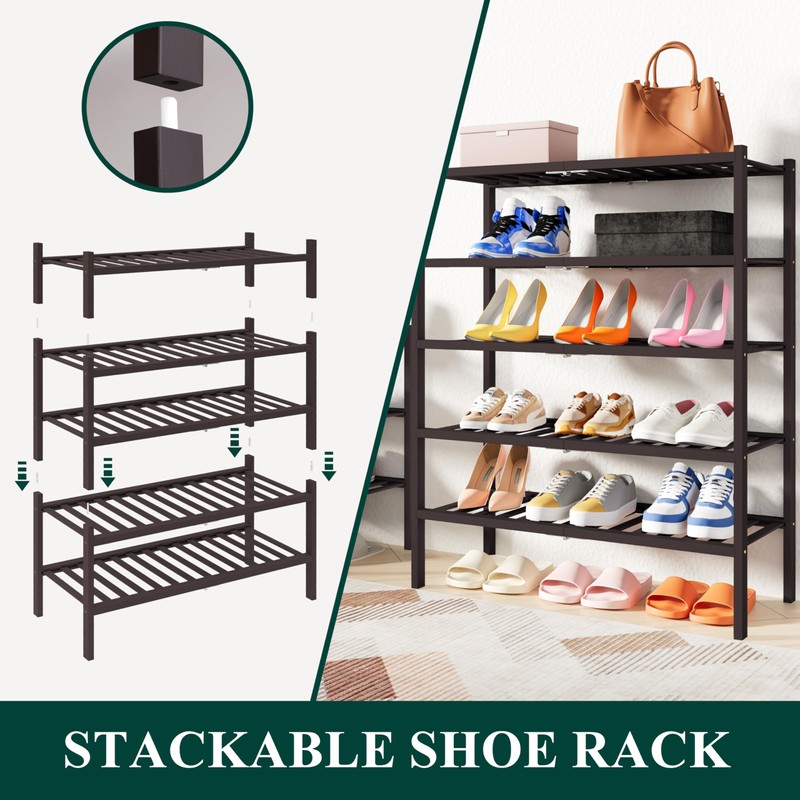 Smiry Shoe Rack, 3 Tier Thick Bamboo Shoe Organizer, Stackable
