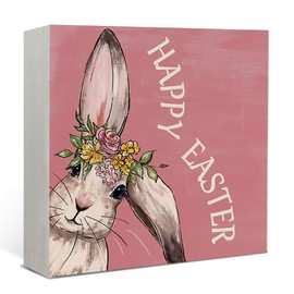 Lacama Easter Decor Happy Easter Bunny Wood Box Sign Desk Decor, Aesthetic Wildflower Easter Spring Gifts for Family Friend, Wooden Desk Decor for Living Room Bedroom Shelf Tabletop Decor, 5 x 5 Inch