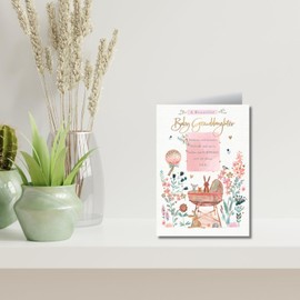 Words n Wishes Beautiful Baby Granddaughter New Baby Card - Moses Basket Woodland Animals Flowers Balloons
