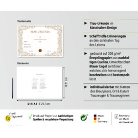 Frank Paperman | 1 x Certificate of Marriage | Original Wedding Gifts | Classic Design | Wedding Card | DIN A4 Format | Wedding Surprise Registry Office