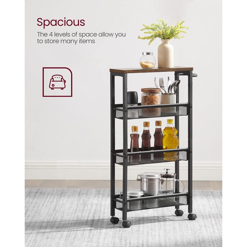 VASAGLE Slim Rolling Cart, 4-Tier Narrow Storage Cart with Handle,