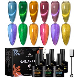 MSRUIOO Cat Eye Gel Polish Set 6 Colors Holographic Magnetic Gel Polish Set with Magnet Stick Glitter Pink Green Blue Purple Magnetic French Gel Nail Polish Kit Gift Set for Women