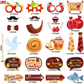 Rosh Hashanah Photo Booth Props Set - Funny Jewish New Year Party Photo Booth Props Decorations - Shana Tova Cutouts Essential Party Supplies - Set of 24 Counts