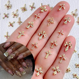 Gold Cross Nail Charms 21pcs, Y2K Vintage Cross Nail Art Rhinestones Pink Gems Shiny Nail Jewelry Acrylic Accessories for Women DIY Nail Decorations Manicure Supplies
