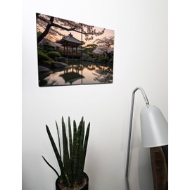 The Plum Penguin Japanese Tea Garden Twilight Scene - A4 Dual Wood Wall Art, Koi Pond & Cherry Blossoms Canvas Alternative 40 x 30cm