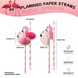 60 Paper Straws with 3D Flamingo Decoration - Disposable Drinking Straws for Summer Party, Birthday, Baby Shower, Cocktail Evening & Tropical Table Decoration