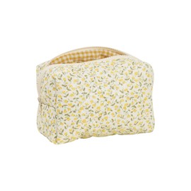 Aikeis Quilted Cosmetic Bag, Elegant Floral Cosmetic Bag, Soft Cotton Material, Large Capacity for Makeup Brushes and Beauty Tools (Yellow), Plaid Lining, yellow, Yellow checkered cosmetic bag with