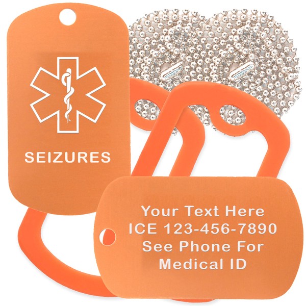 Custom 2 Pack - Seizures Medical Alert ID Necklaces with Copper Custom Tags, Orange Silencers, and 30'' USA Chains