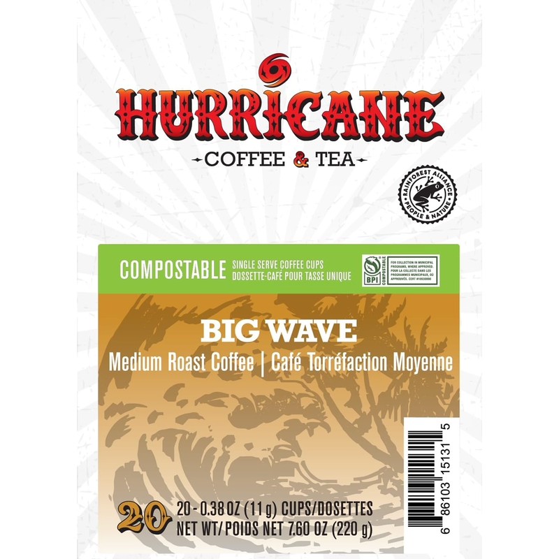 Hurricane Coffee Big Wave Medium Roast Coffee, Compostable Single Serve