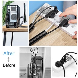 Fanoshon Computer Cable Sleeve Cord Management Organizer Large Black Wire Wrap Tube Under Desk Cord Covers Protectors Pets Chew Proof (1.1 inch and 7/8 inch) 5 Feet Long, TV Office Wire Wrap Solutions
