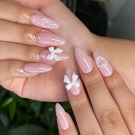 24PCS Almond False Nails Medium - Nude Pink Full Cover Press On Nails with White Bow and Pearl - Acrylic Nail Tips for DIY Manicure at Home - Stick on Finger Nails for Women Girls