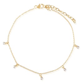Yellow Gold Plated Sterling Silver Faux Pearl Dangle Station Anklet
