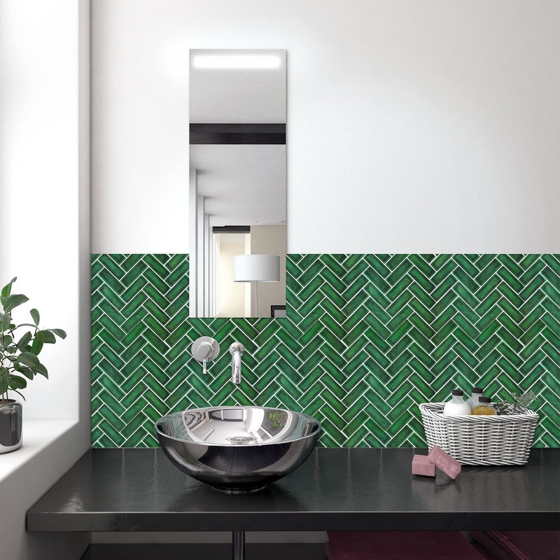 Green Peel and Stick Backsplash Herringbone Tile, Renter Friendly Backsplash