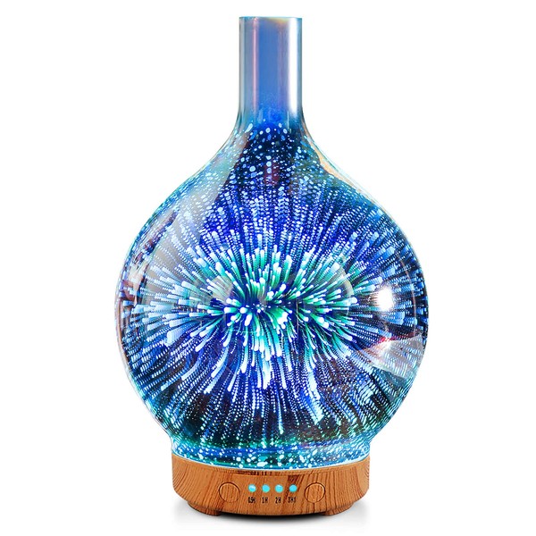 Porseme Essential Oil Diffuser 3D Glass Aromatherapy Ultrasonic Humidifier - 7 Color Changing LEDs, Waterless Auto-Off, Timer Setting, BPA Free
