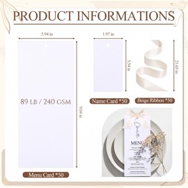Humyoun 50 Sets 76lb Wedding Menu Cards 4 x 9'' and Name Place Cards with Ribbon for Table Setting DIY White Blank Cardstock for Wedding Dinner Banquet Party Table Setting Supplies
