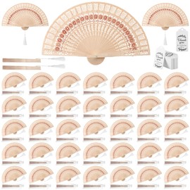 Geelin 150 Sets Sandalwood Fans with Tassels, Organza Sleeve and Thank You Gift Tag Eastern Style Handheld Fan Foldable Decorative Folding Fans Japanese Chinese Fan Wedding Fans for Party Decor DIY