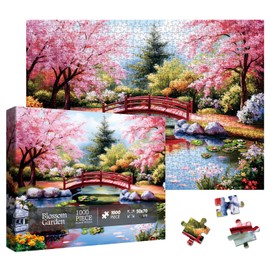 Garden Landscape Painting Jigsaw Puzzle 1000 Piece for Adult, Colorful Art Flower Cherry Blossom Plant Jigsaw Puzzles, Pretty Aesthetic Lotus Puzzle