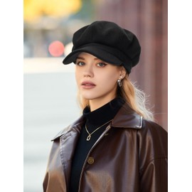 JowTreex Newsboy Cap Visor Beret Hats for Women - 1920s Warm 8 Panels Gatsby Hat Black